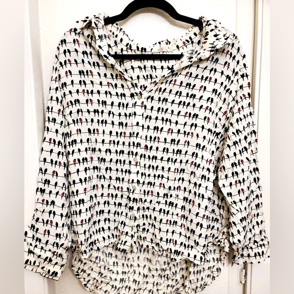 Jane & Delancey Button Down with Birds on Wire Design - Adjustable Sleeves